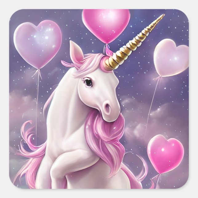 Pegatina Cuadrada Chica de cumpleaños Fantasy Unicorn con globos ros (Anverso)