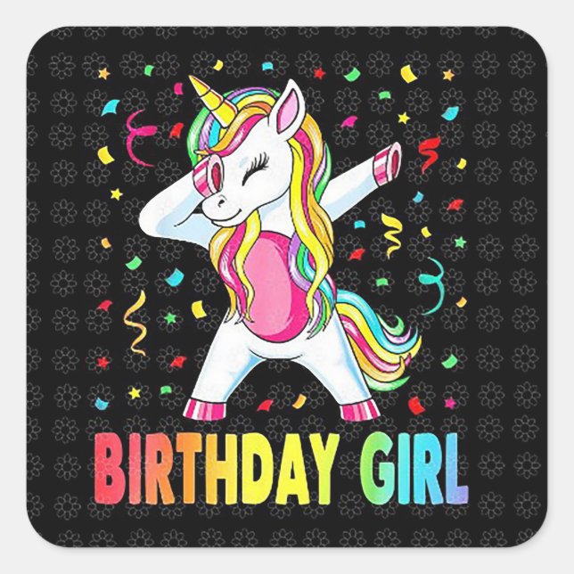 Pegatina Cuadrada Chica de cumpleaños Unicorn (Anverso)