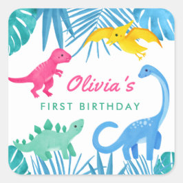 Pegatina Cuadrada Chica de dinosaurios 1er cumpleaños colorido