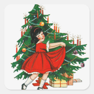 Pegatina Cuadrada Chica de época bailando árbol de Navidad