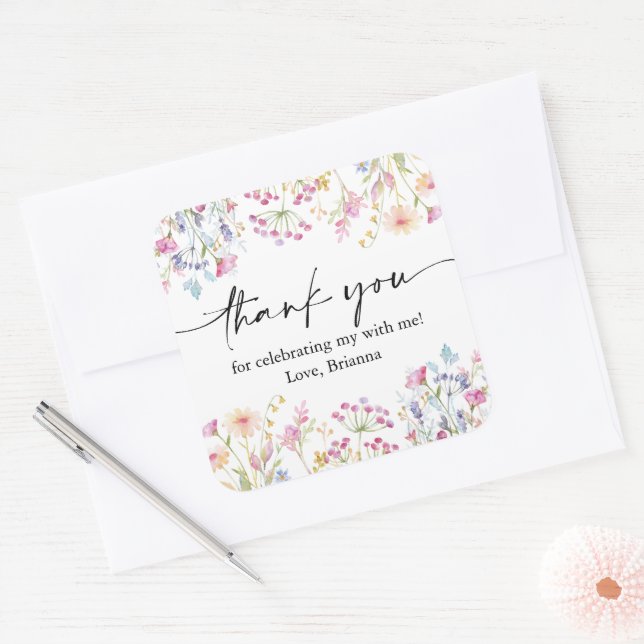 Pegatina Cuadrada Chica de flores silvestres cumpleaños acuarela (Sobre)