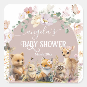 Pegatina Cuadrada Chica de flores silvestres de bosque Baby Shower