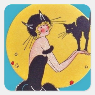 Pegatina Cuadrada Chica de gatos de Halloween y gato negro