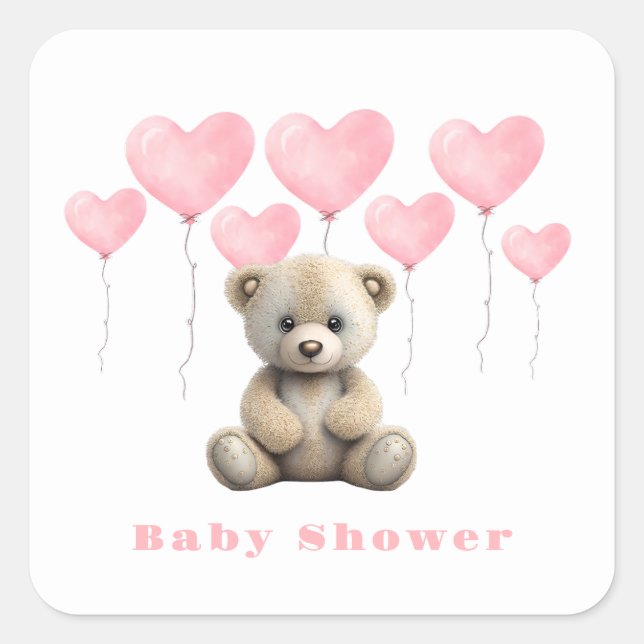 Pegatina Cuadrada Chica de globos rosados Teddy Bear Baby Shower (Anverso)