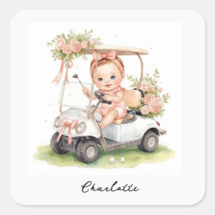 Pegatina Cuadrada Chica de golf Baby Shower conduciendo carrito de g