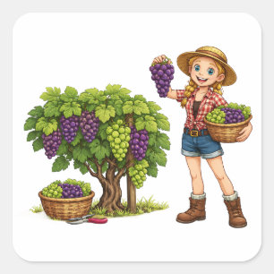 Pegatina Cuadrada Chica de granja recogiendo uvas, arte de cosecha d