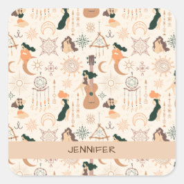 Pegatina Cuadrada Chica de guitarra bohemia con Dreamcatcher místico