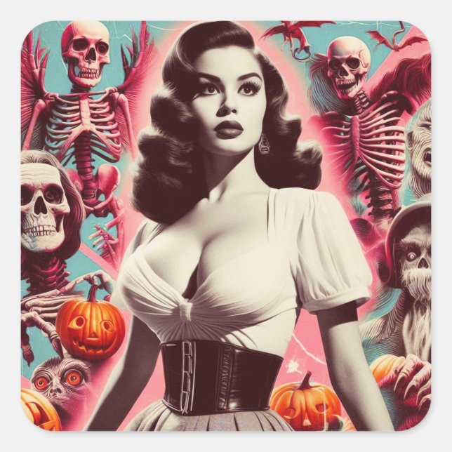 Pegatina Cuadrada Chica de horror retro (Anverso)