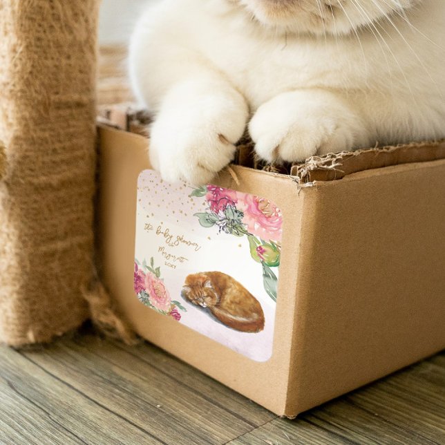 Pegatina Cuadrada Chica de Ilustracion Sleepy Cat Baby Shower (Subido por el creador)