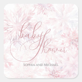 Pegatina Cuadrada Chica de invierno Baby Shower copo de nieve rosa