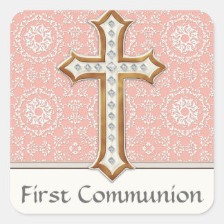 Pegatina Cuadrada Chica de la Cruz Dorada de Oro de la Santa Primera