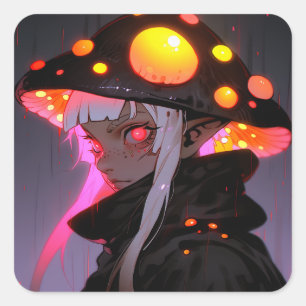 Pegatina Cuadrada Chica De La Fantasía Oscura Mushroom Elf Anime