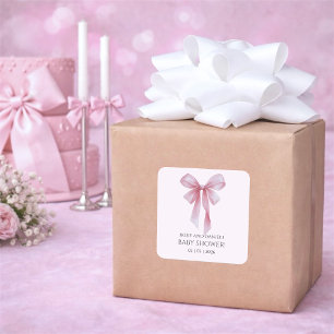 Pegatina Cuadrada Chica de lazo rosa suave Baby Shower