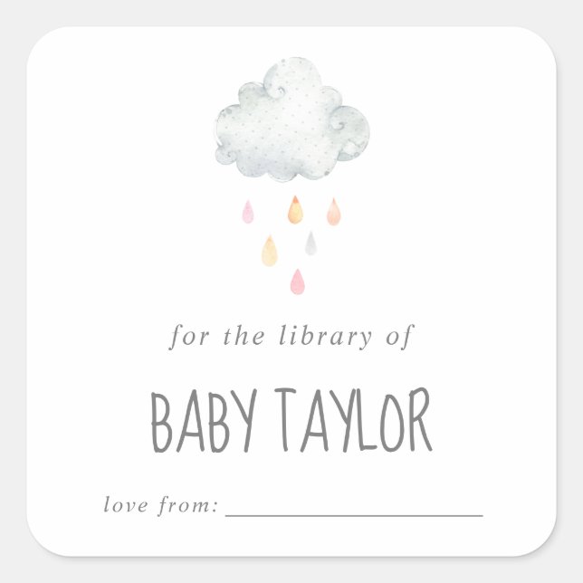 Pegatina Cuadrada Chica de lluvia Baby Shower Bookplate (Anverso)