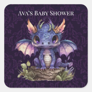 Pegatina Cuadrada Chica de moda Damask Purple Dragon Boy Baby Shower