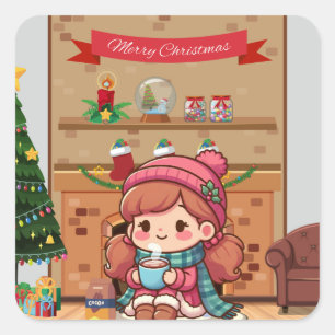 Pegatina Cuadrada Chica de navidad dulce con cacao