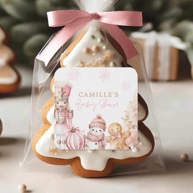 Pegatina Cuadrada Chica de Navidad Rosa Baby Shower (Pink Winter Baby shower sticker)