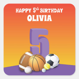 Pegatina Cuadrada Chica de nombre personalizado 5º Bolas deportivas 