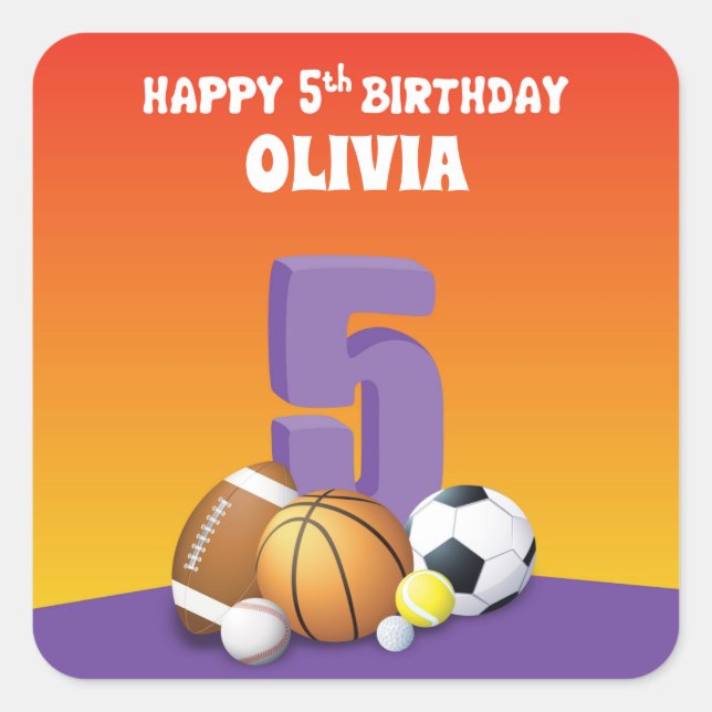 Pegatina Cuadrada Chica de nombre personalizado 5º Bolas deportivas  (Anverso)