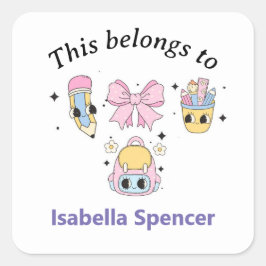 Pegatina Cuadrada Chica de nombres personalizados Cute esto pertenec