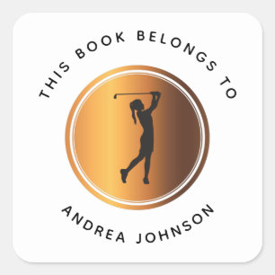 Pegatina Cuadrada Chica de oro Golfer Silhouette Kids Librería escol