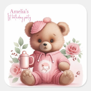 Pegatina Cuadrada Chica de osito de peluche boho cumpleaños floral r
