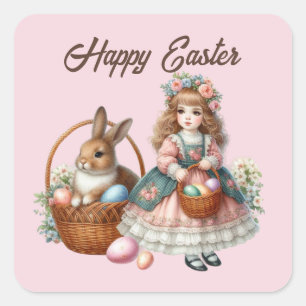 Pegatina Cuadrada Chica de Pascua feliz lindo añada texto