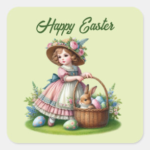Pegatina Cuadrada Chica de Pascua feliz lindo añada texto