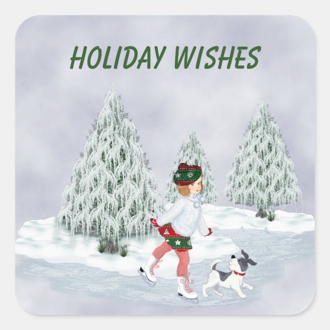 Pegatina Cuadrada Chica de patinaje de época y perro (Anverso)