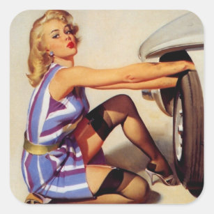 Pegatina Cuadrada Chica de Pinup mecánico de coches retro vintage