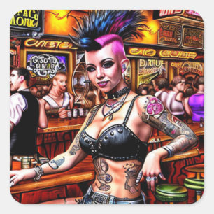 Pegatina Cuadrada Chica de Rock Bar punk con Mohawk y Tattoos
