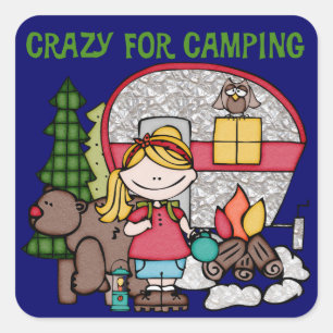 Pegatina Cuadrada Chica De Rubia Loco Por Camping