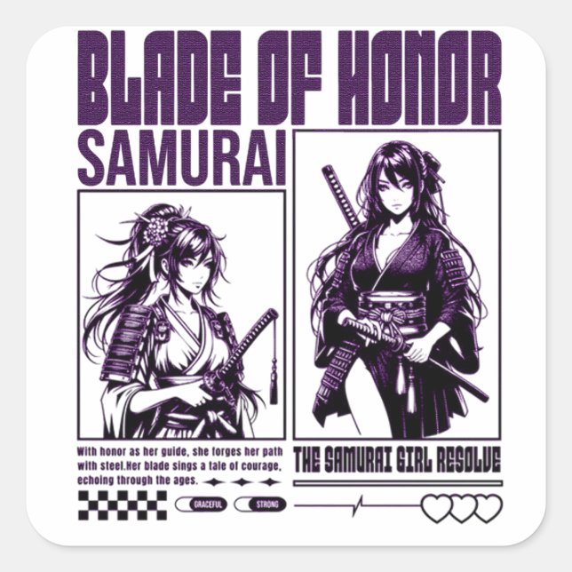 Pegatina Cuadrada Chica de Samurai (Anverso)