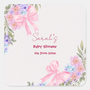Pegatina Cuadrada Chica de Shower de Bebé con Lazo Rosa Floral