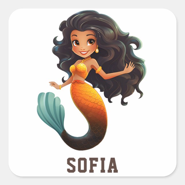 Pegatina Cuadrada Chica de sirena africana educada - Nombre personal (Anverso)