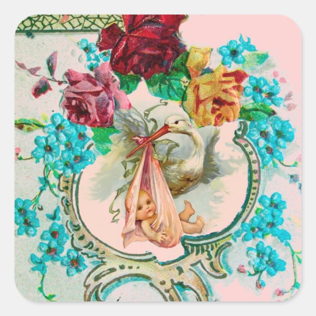 PEGATINA CUADRADA CHICA DE TORNILLAS BABY SHOWER ROSES PINK Y FLORES (Anverso)