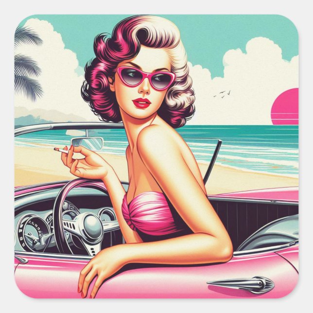 Pegatina Cuadrada Chica de verano retro (Anverso)