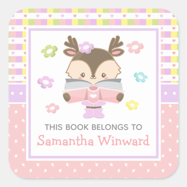 Pegatina Cuadrada Chica Deer Pink and Purple Kids Bookplate (Anverso)