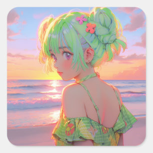 Pegatina Cuadrada Chica del Anime de la Costa del Sol con panecillos