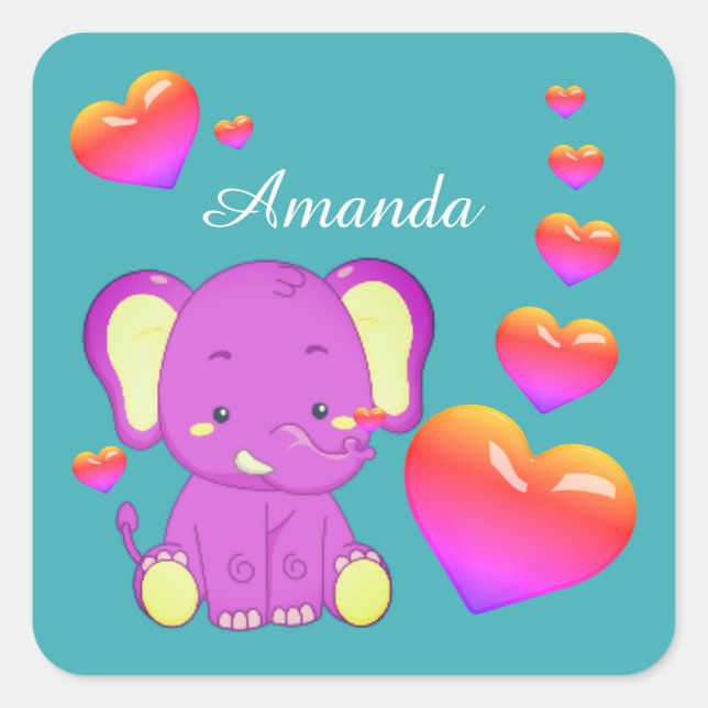 Pegatina Cuadrada Chica del Elefante Verde azulado Pink Purple Heart (Anverso)