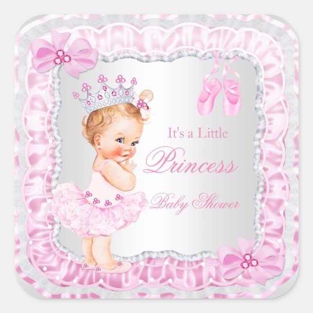 Pegatina Cuadrada Chica del Princesa Baby Shower Pink Ballerina Blon (Anverso)