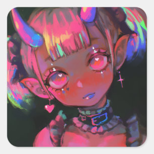 Pegatina Cuadrada Chica Demonio Kawaii Neon Gótica Pastel