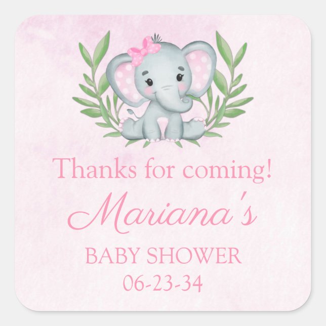 Pegatina Cuadrada Chica Elefante Tropical Summer Floral Baby Shower (Anverso)