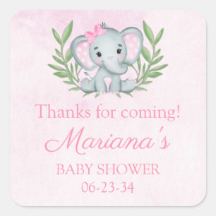 Pegatina Cuadrada Chica Elefante Tropical Verano Floral Baby Shower