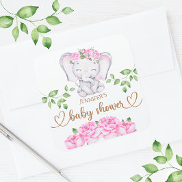 Pegatina Cuadrada Chica Elephant and Flower Watercolor Baby Shower