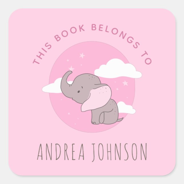 Pegatina Cuadrada Chica Elephant Pink Dreamy Clouds Kids Bookplate (Anverso)