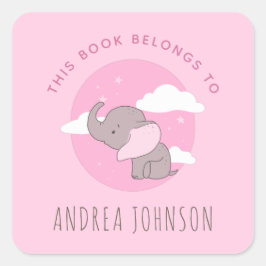 Pegatina Cuadrada Chica Elephant Pink Dreamy Clouds Kids Bookplate