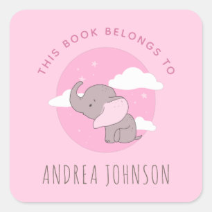 Pegatina Cuadrada Chica Elephant Pink Dreamy Clouds Kids Bookplate