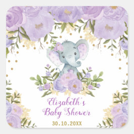 Pegatina Cuadrada Chica Elephant Purple Gold Flower Baby Shower