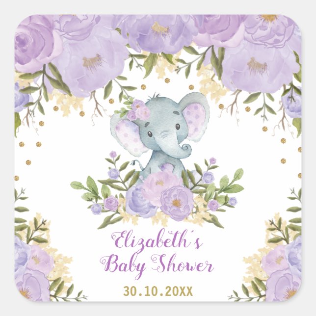 Pegatina Cuadrada Chica Elephant Purple Gold Flower Baby Shower (Anverso)